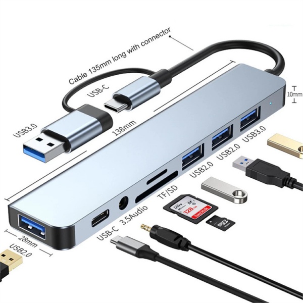 8 in 1 Ports USB A Type C Hub Concentrator Docking Station 3.0 Multi Adapter SD TF Card Reader Audio Multi-hub Dock Splitter