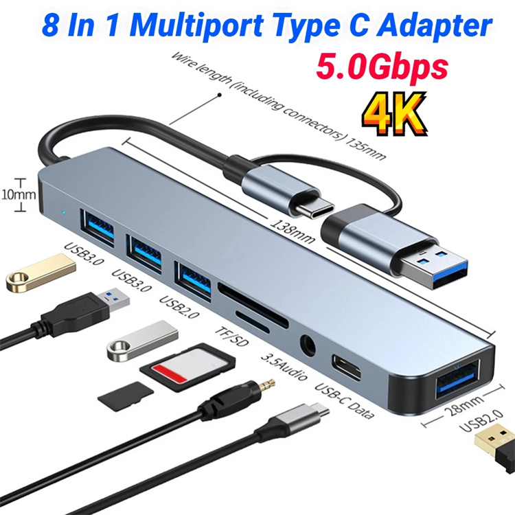 8 in 1 Ports USB A Type C Hub Concentrator Docking Station 3.0 Multi Adapter SD TF Card Reader Audio Multi-hub Dock Splitter