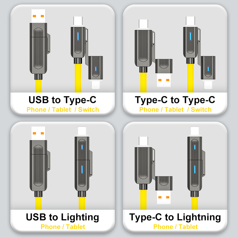 Soft Silicone 4 in 1 Fast Charging Cable PD Data Cable Type C USB Ports Data Transfer For Phone Tablet Laptop