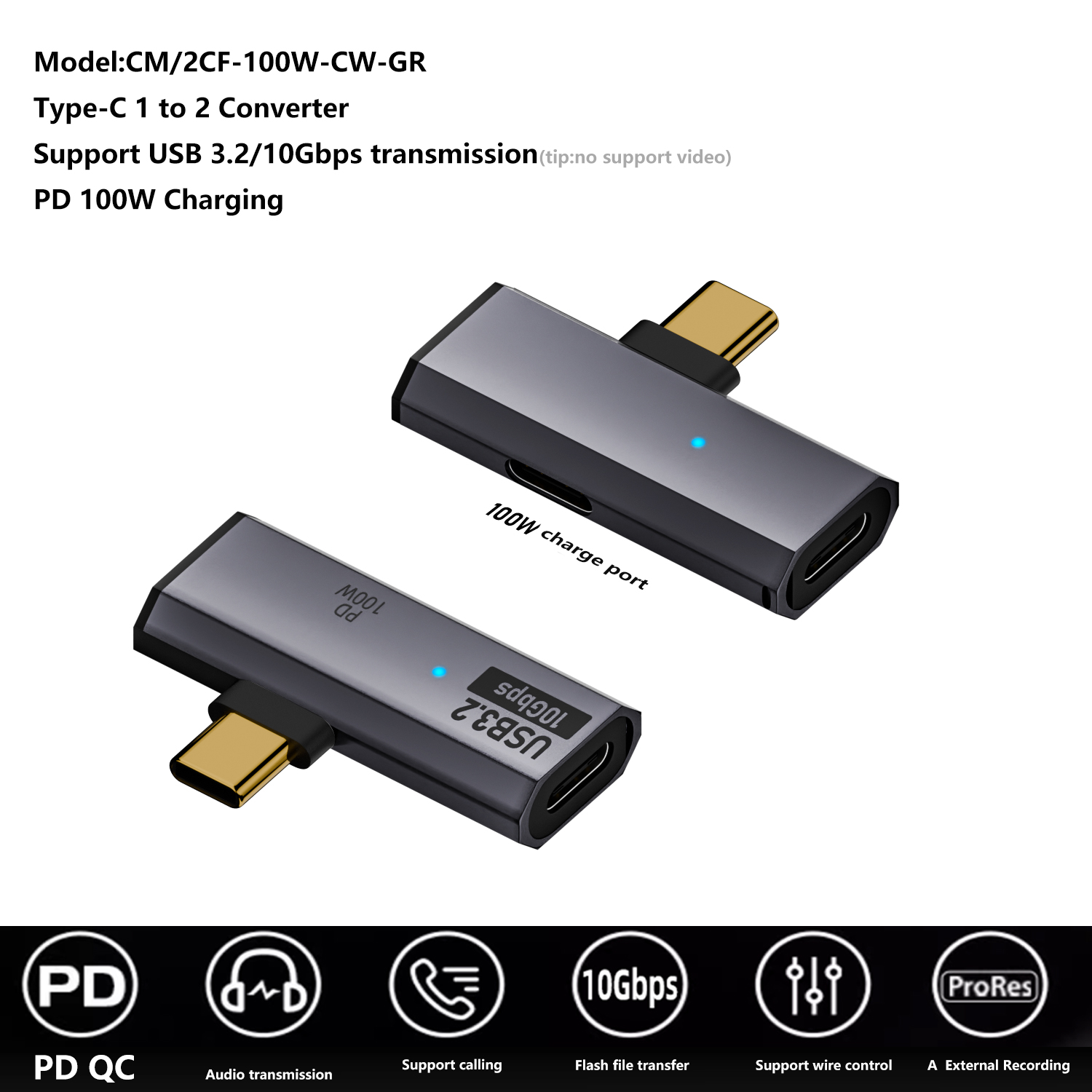 Usb C Male To 2 Usb C Female Extension Converter Adapter Pd 100w Charging Audio Transmission 10gbps Otg Type-C Convert Plug RWA164