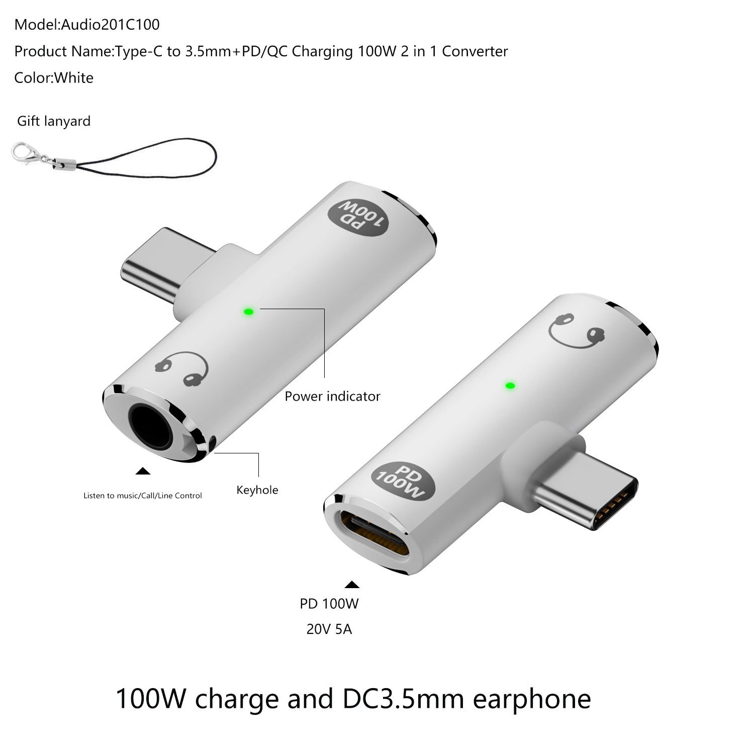 Hot sales charging headphone splitter Converter 2 in 1 Type C 3.5mm USB C jack headphone audio adapter and charge port Plug RWA165