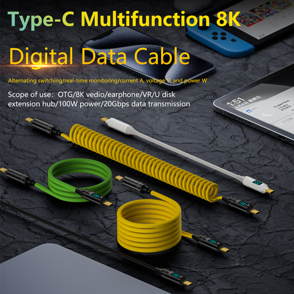 Usb C To Type-C Data Cable With Digital Screen 100w Fast Charging 8k Hd Video Transmission 20gbps Data Trans Spring Charge Cord RWA168