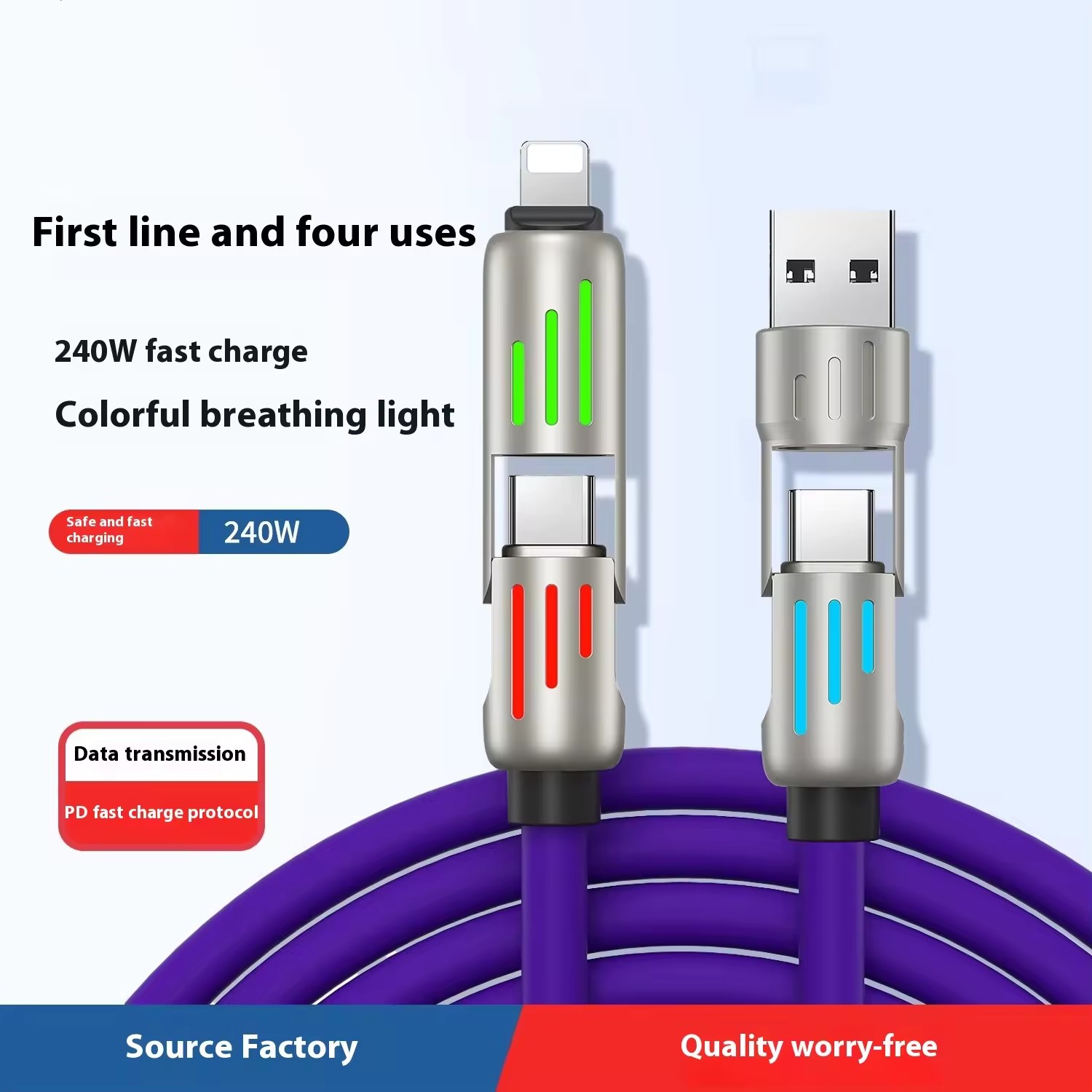 240W Super Fast 4-in-1 Charging USB Cable RGB Colour LED Data Cable for Laptop Tablet Android & iOS Devices	RWC174