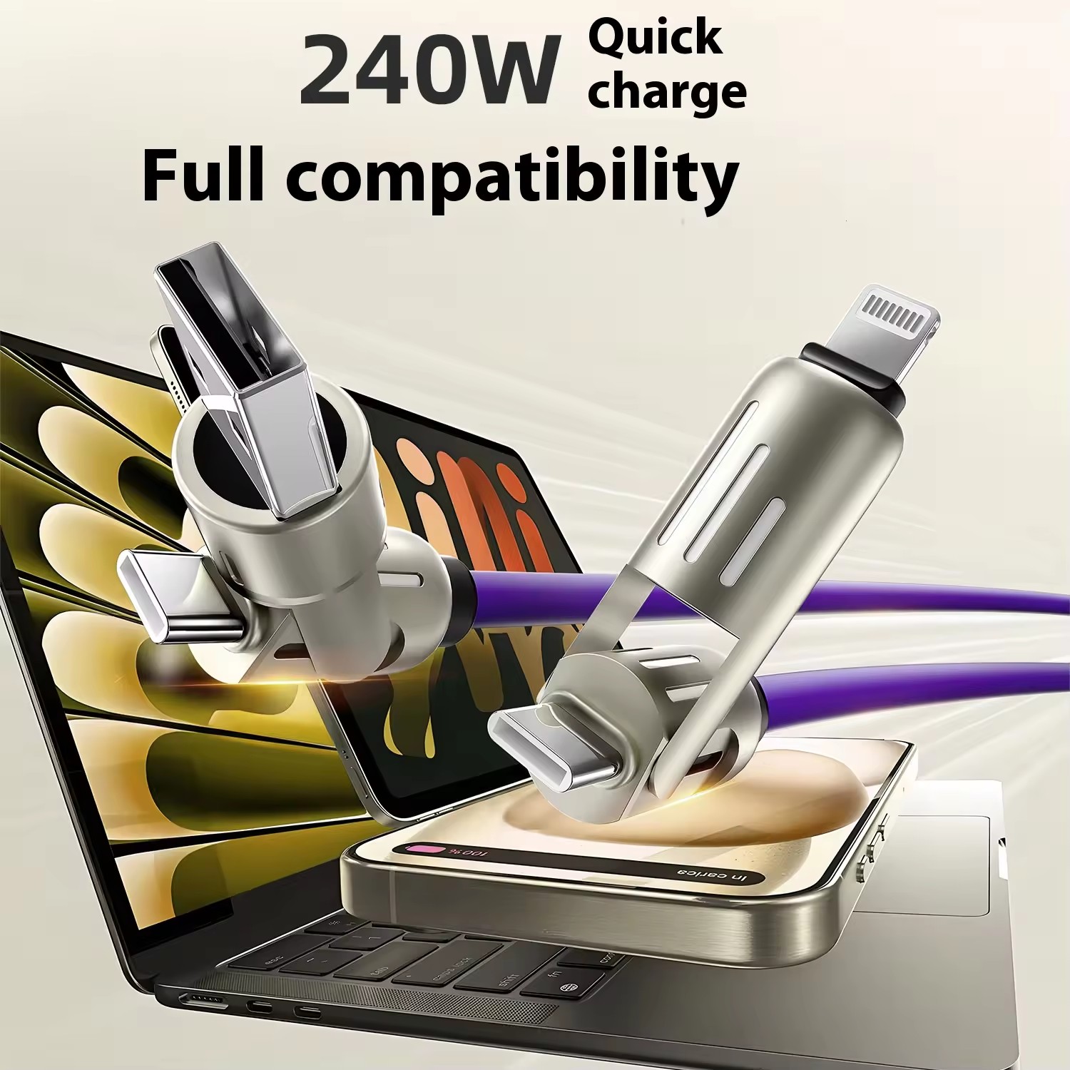 240W Super Fast 4-in-1 Charging USB Cable RGB Colour LED Data Cable for Laptop Tablet Android & iOS Devices	RWC174