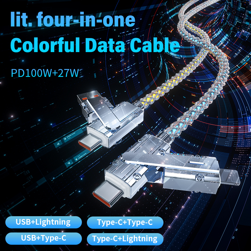 The New PD27W 100W zinc alloy two colorful fast charging data cable four in one light-emitting charging cable	RWC178