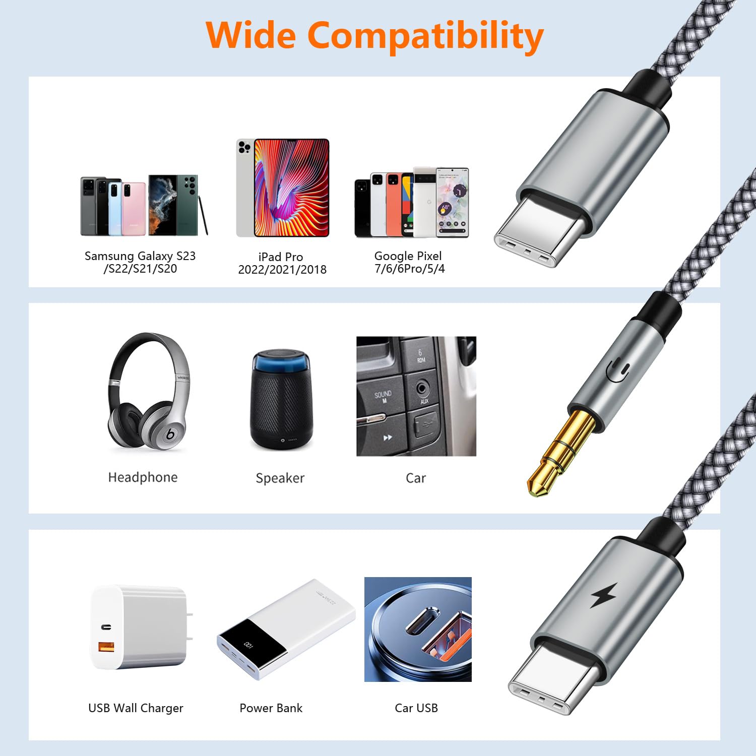 USB C to 3.5mm Aux Cable with Charger for Car 