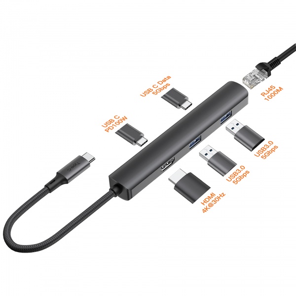 Multifunction Type-C Charge with Ethernet to RJ45 HDMI 6 Port Type C to USB C 6 in 1 3.0 HUB Adapter Laptop Docking	RWC200
