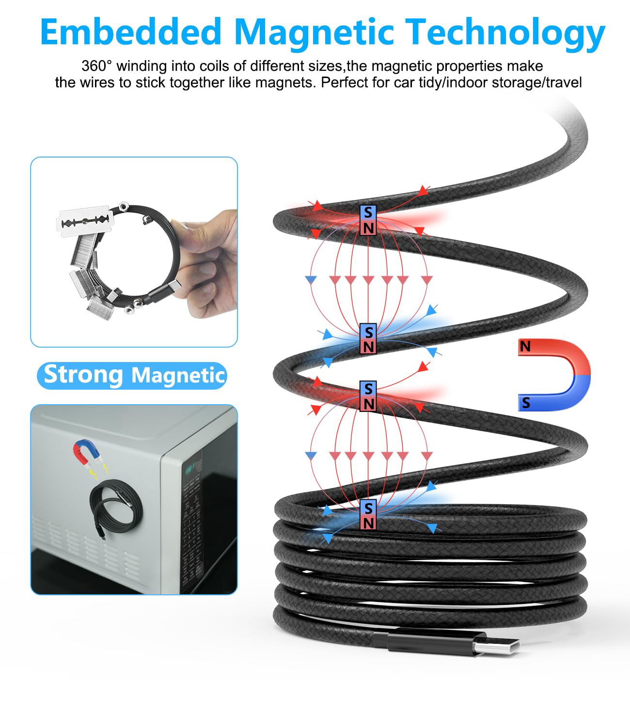 Magnetic Braided fast charging cable 1m 3A 66w self coiling attaching organizing Usb C To C Magnetic Fast Charging Data Cable