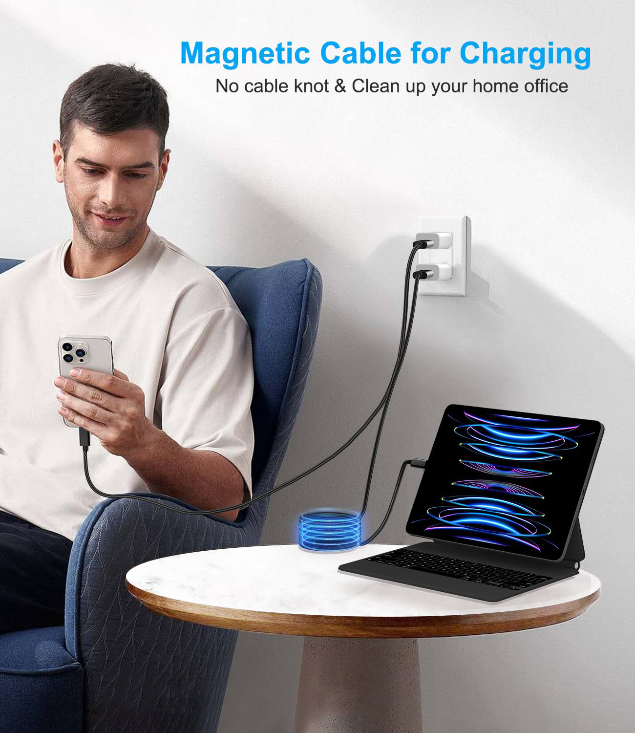 Magnetic Braided fast charging cable 1m 3A 66w self coiling attaching organizing Usb C To C Magnetic Fast Charging Data Cable