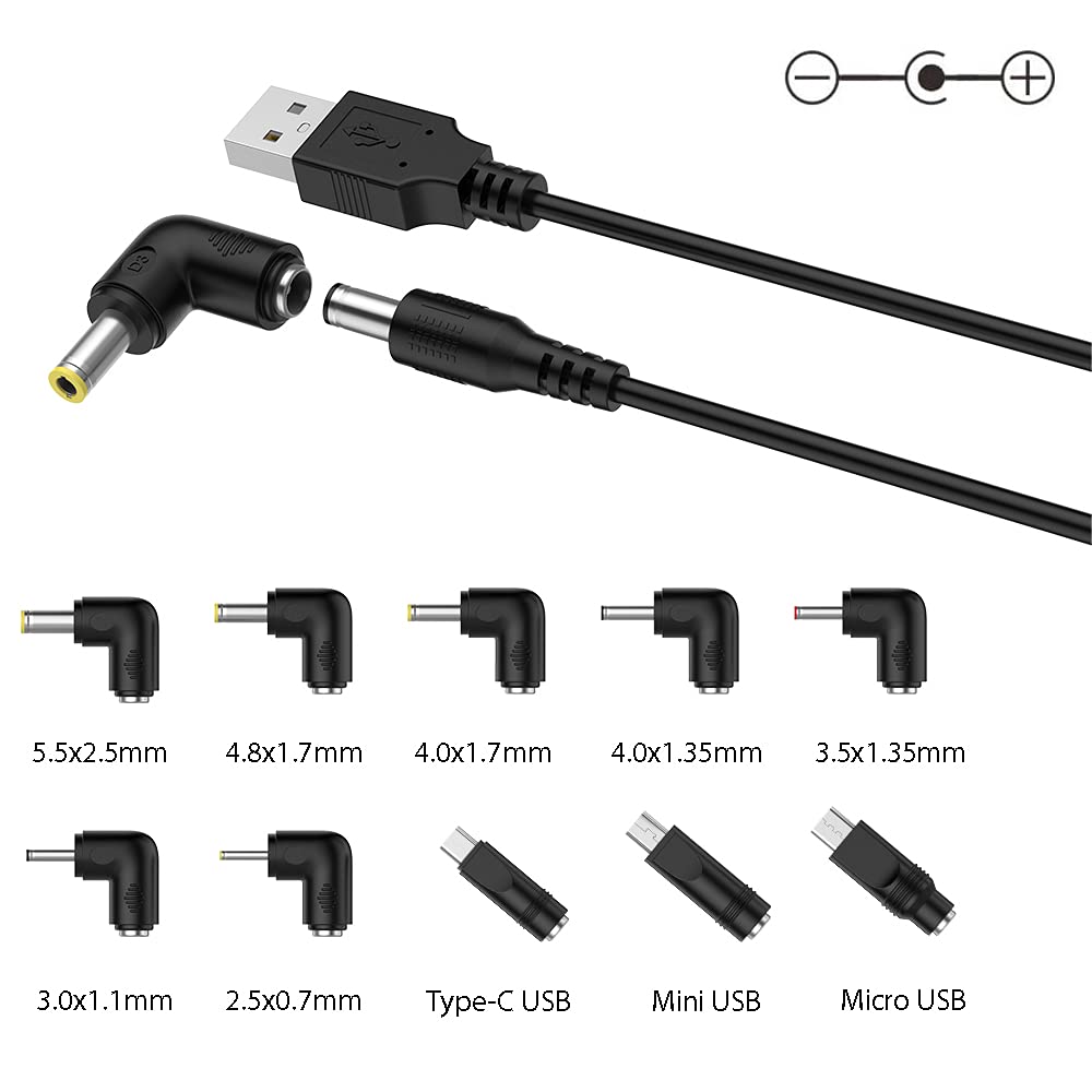 USB to DC 5V Power Cord, Universal DC 5.5x2.1mm Plug Jack Charging Cable with 10 Connector Tips
