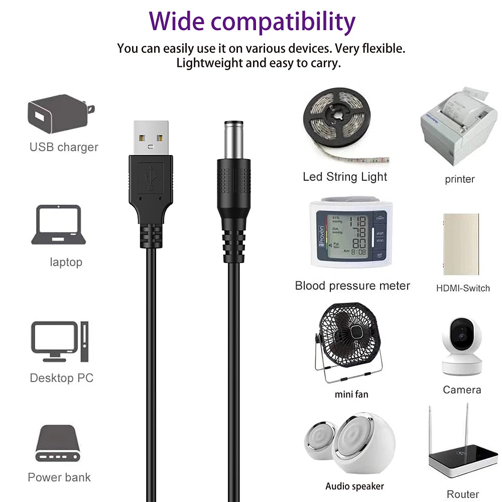 USB to DC 5V Power Cord, Universal DC 5.5x2.1mm Plug Jack Charging Cable with 10 Connector Tips