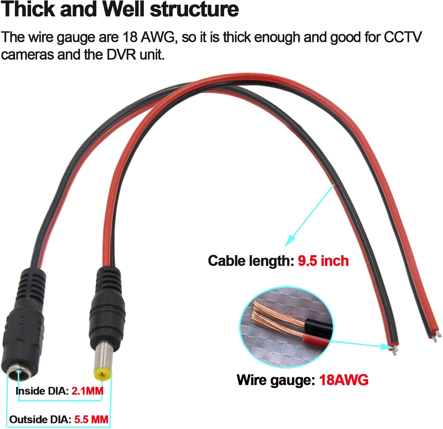 12V 5A DC Power Pigtail Barrel Plug Connector Cable