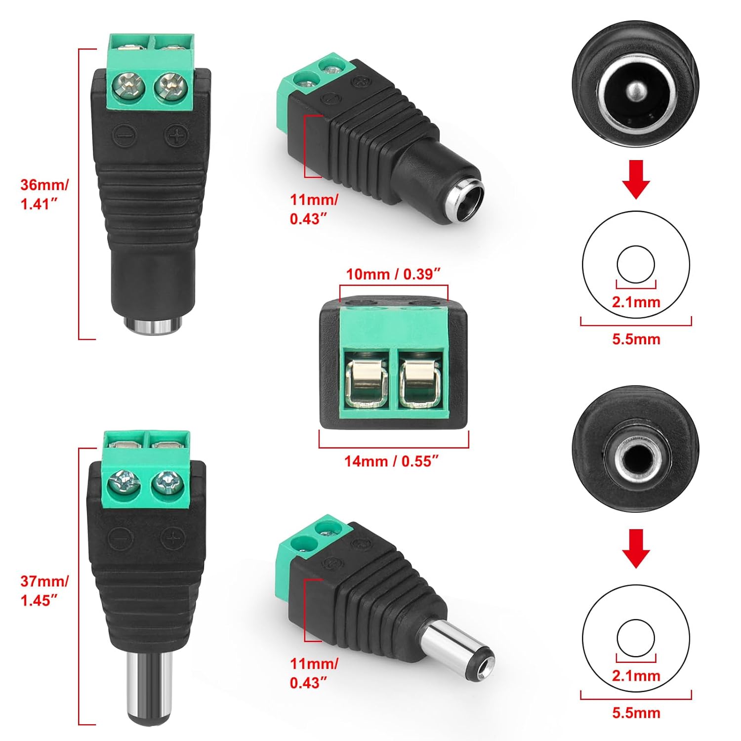 12V DC Adapter Plug 5.5mm x 2.1mm, 10 Pair