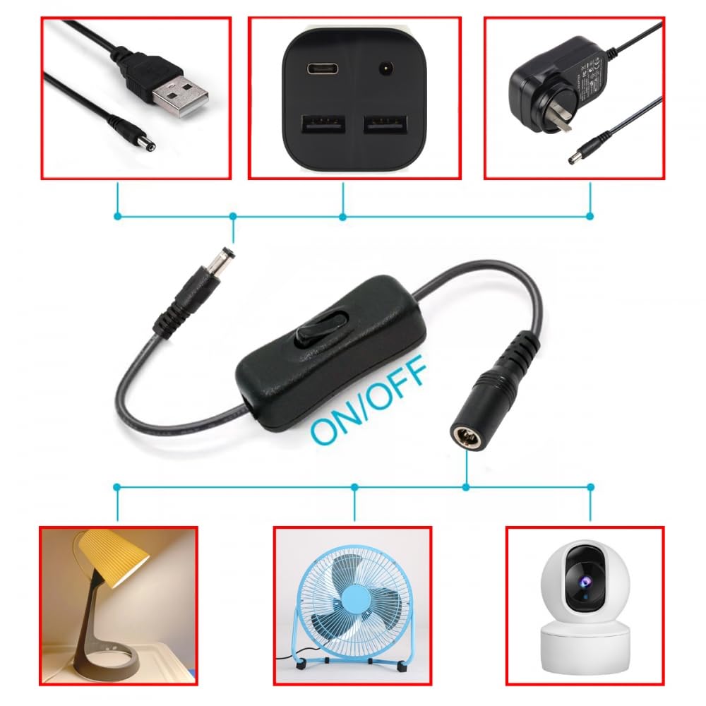 CY Cable DC 5.5x2.1mm Plug to USB Type-A Cable with On Off Power Switch Button for DC 5V Desk Lamp Fan Camera
