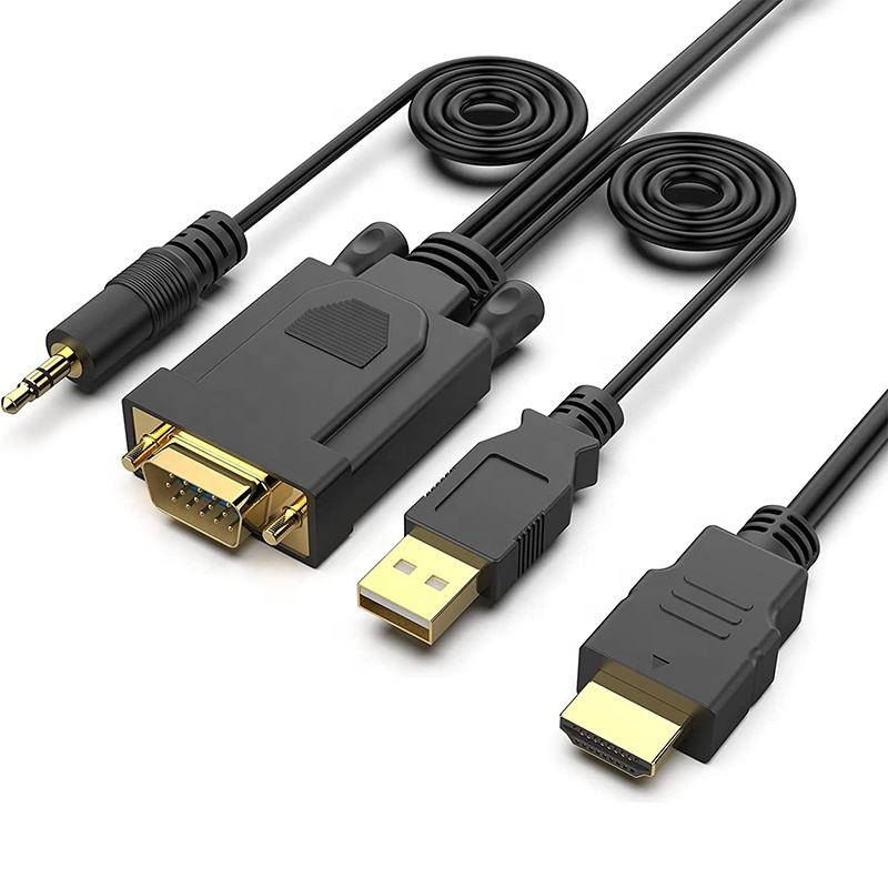OEM 1M 1.5M 2M 3M 5M 1080P 60Hz HDMI Male to VGA Male Cable HDMI to VGA Audio Video Cable With 3.5MM Audio and USB Power Cable factory