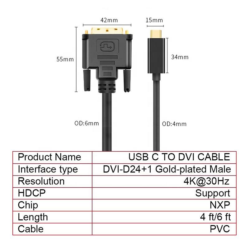 Thunderbolts 3 USB Type C USB-C to DVI 24+1 DVI-D Dual Link Monitor Converter Adapter Cable supplier