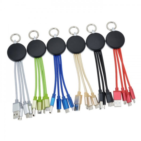 Hot Phone Charger Cable Cheap Business Gift 3 in 1 Iluminating Led Cable Customoise logo Round Luminous Cable with Keyring Hook