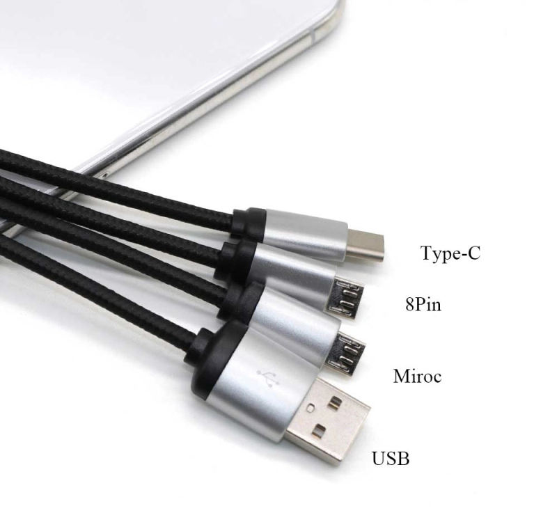 Hot Phone Charger Cable Cheap Business Gift 3 in 1 Iluminating Led Cable Customoise logo Round Luminous Cable with Keyring Hook