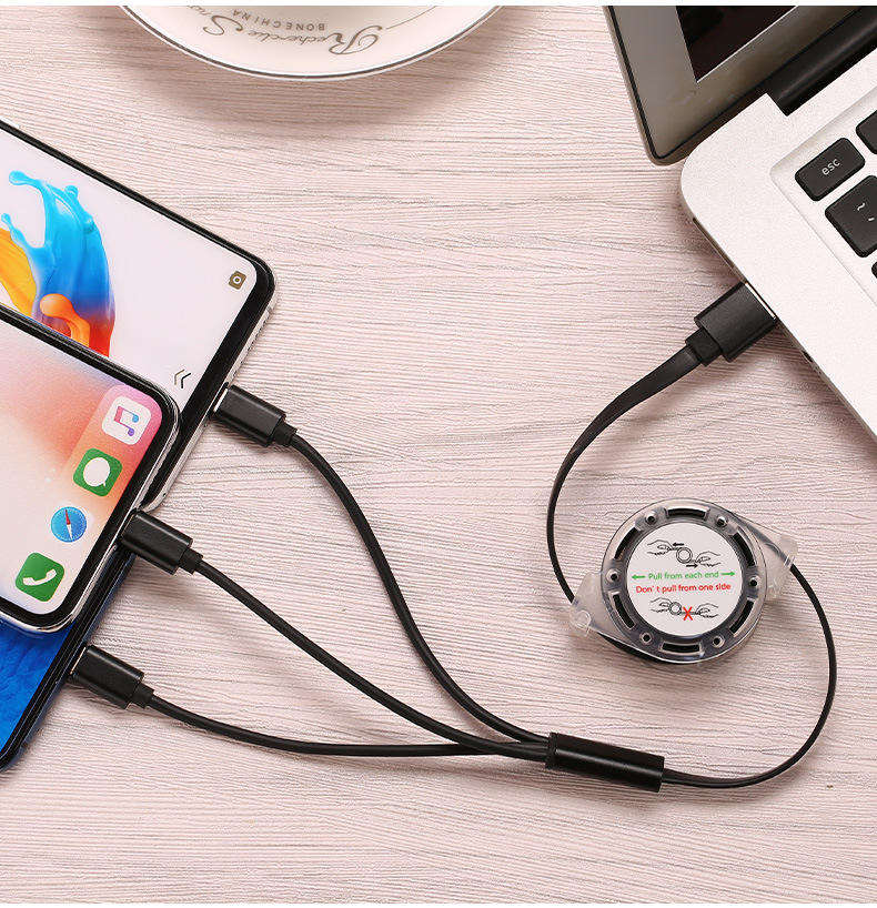 Promotional Cheap Mobile Phone 3 in 1 Power Cable High Quality Retractable USB Data Cable Set Custom Logo Fast Charging Cables supplier