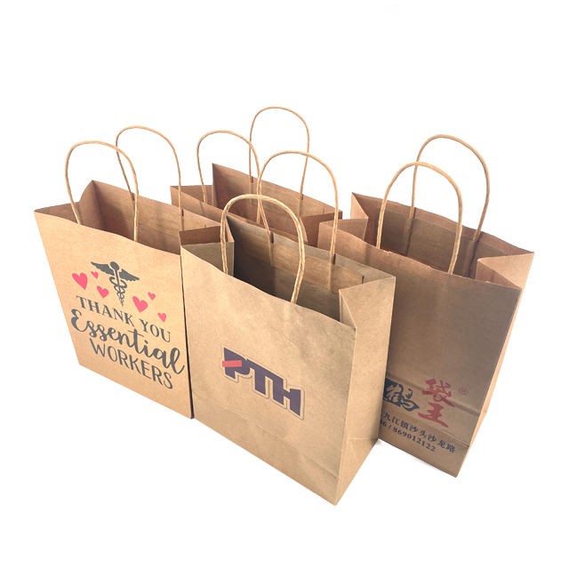 Custom Recycle Kraft Paper Bag Kraft Paper Packaging Bag With Handle Grocery Take Away Packaging Bag for Business Shopping 