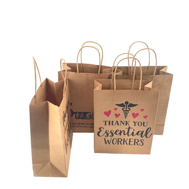 Custom Recycle Kraft Paper Bag Kraft Paper Packaging Bag With Handle Grocery Take Away Packaging Bag for Business Shopping 