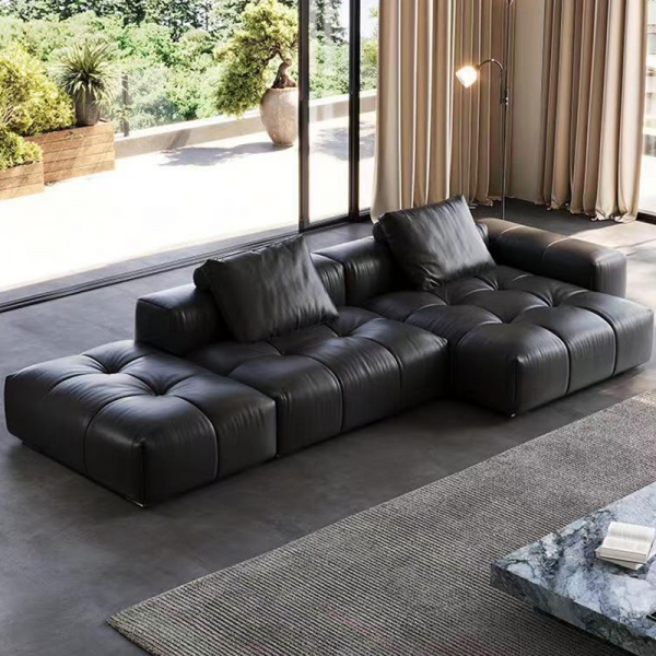luxury minimalist leather sofa living room cowhide black combination sofa advanced leather art in line sofa combination