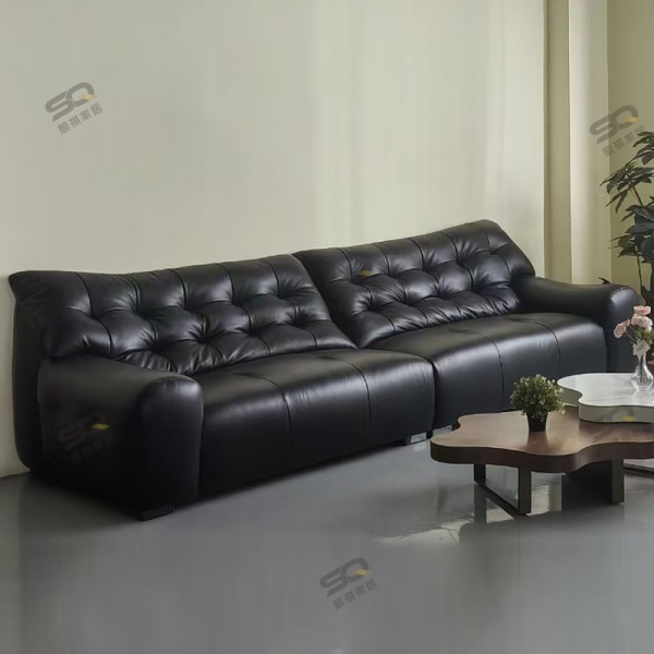 Modern Luxury Three-Seater Bed Sofa Set Black Leather Couch Living Room 