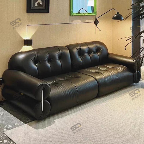 Luxury style Pure Black genuine Leather sofa Set Retro modular Straight Row sectional couch Living Room Sofas for home
