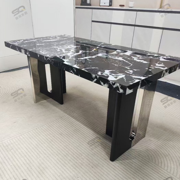 Modern Hotel home dining tables Marble rectangle stainless steel silver black wooden color Legs Dining Table