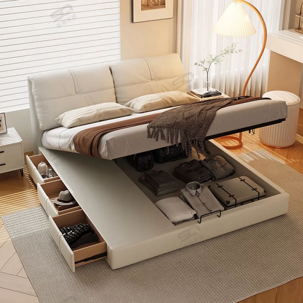 High quality genuine leather upholstered bed air pressure storage high box bedroom furniture wooden bed frame with drawers