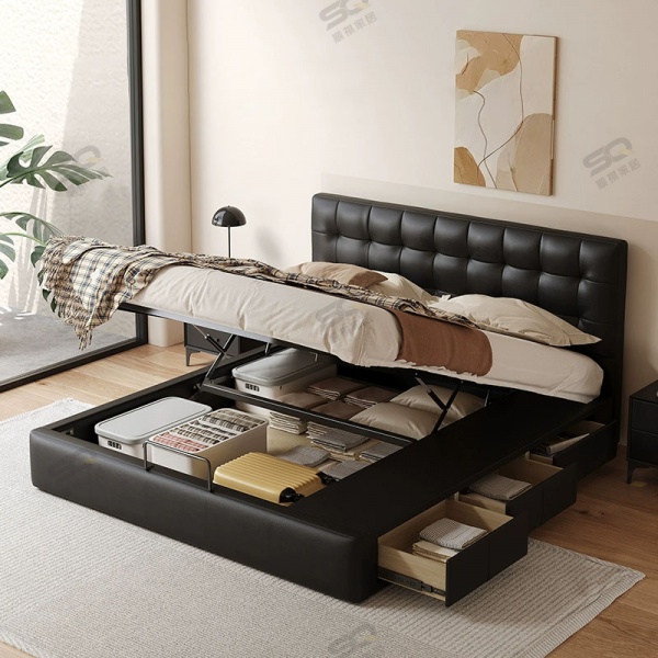 Black Storage Beds Genuine Leather King Size Double Queen Bed Frame With Gas Lift With Drawers Bedroom Furniture