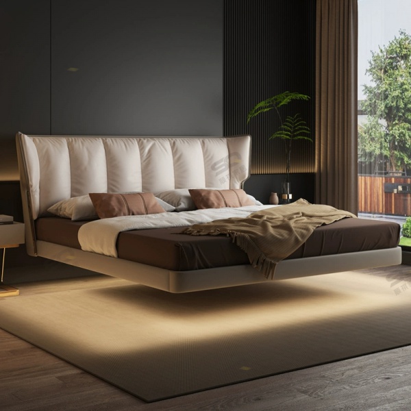 Modern simple white upholstered double bed hotel villa bedroom wood frame leather king size bed furniture