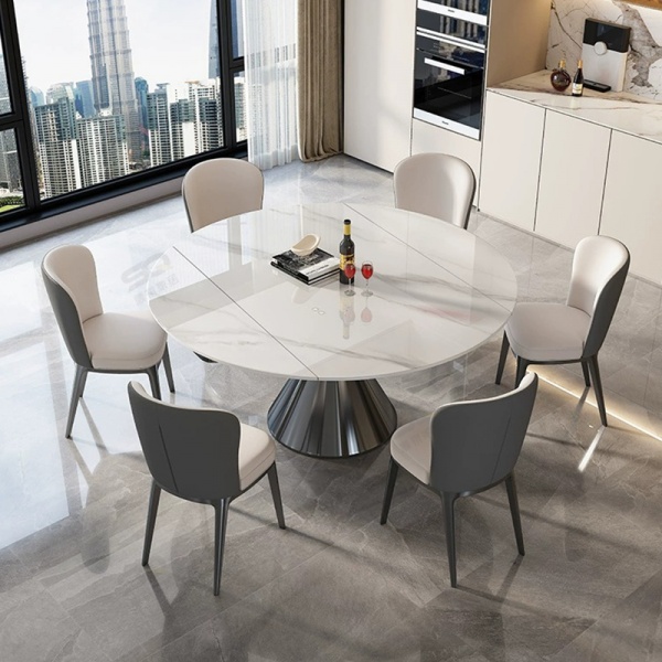 Rock plate dining table retractable rotating light luxury minimalist modern small apartment folding round household dining table and chair combination