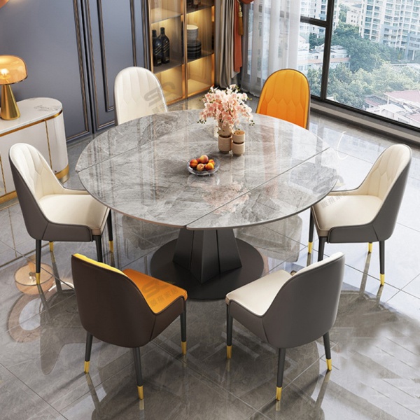 Rock plate table telescopic rotating light luxury style minimalist modern small household folding round household dining table and chair combination