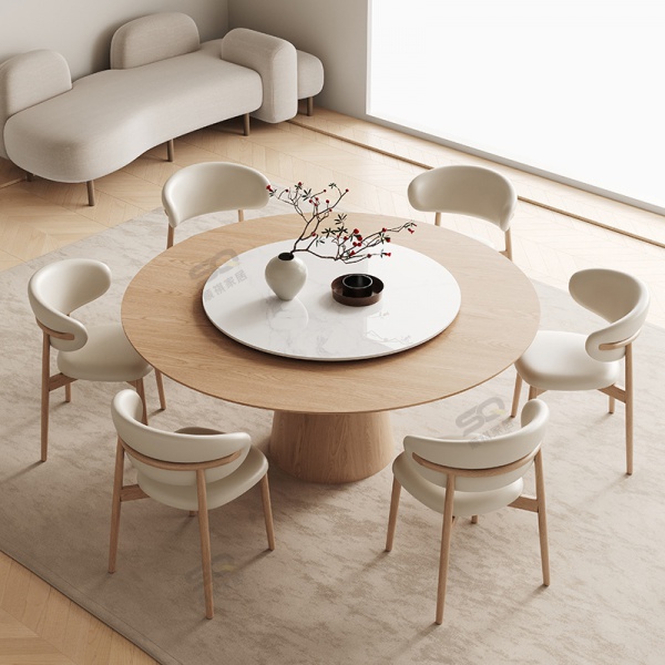 Solid Wood Rock Board Dining Table Round Table Household Small Apartment Dining Room Round Dining Table with Turntable Ash Wood Dining Table and Chair Combination