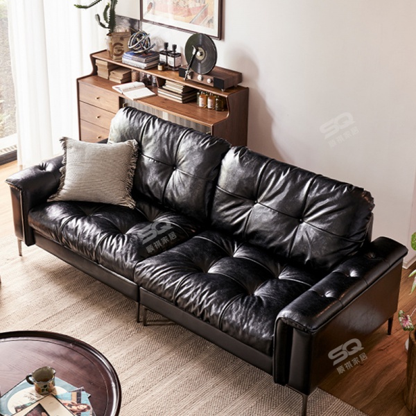 Genuine Leather Sofa First Layer Cowhide Small Apartment Living Room Oil Wax American Retro Nanyang Mid-century Style Sofa Black