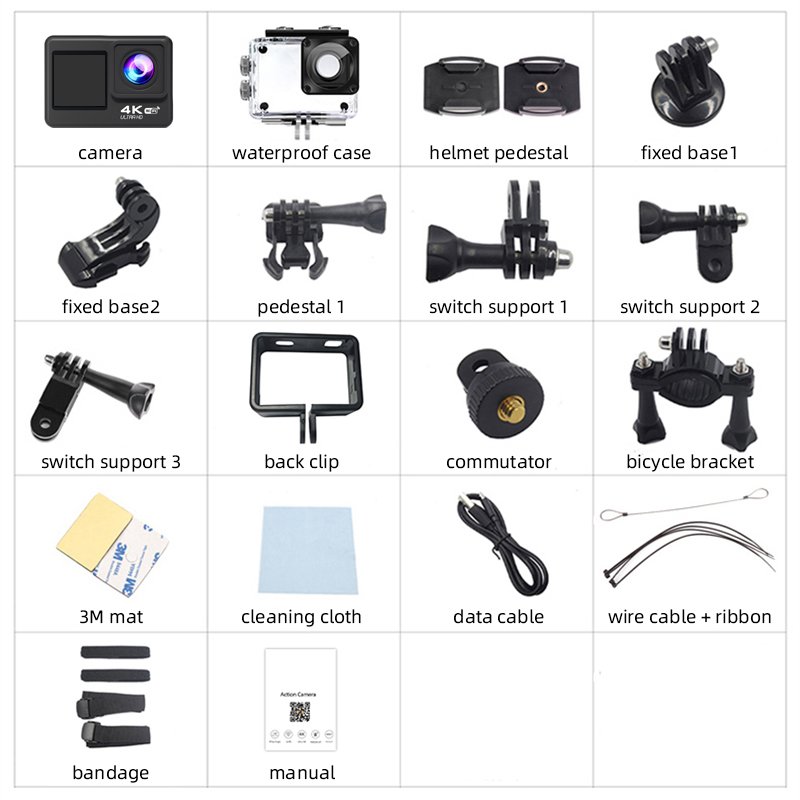 Sports camera 4K dual screens 2.0+1.4 inch with remote optional