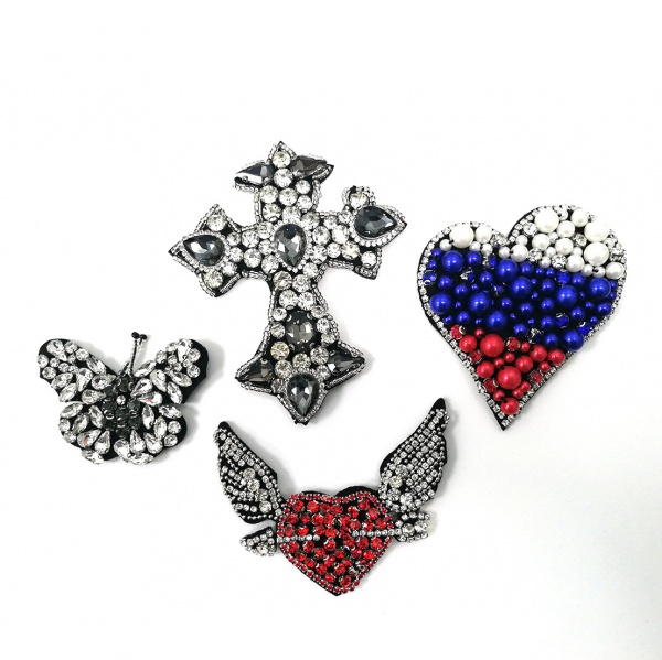Handmade Beaded Rhinestone Butterfly Heart Fabric Patch