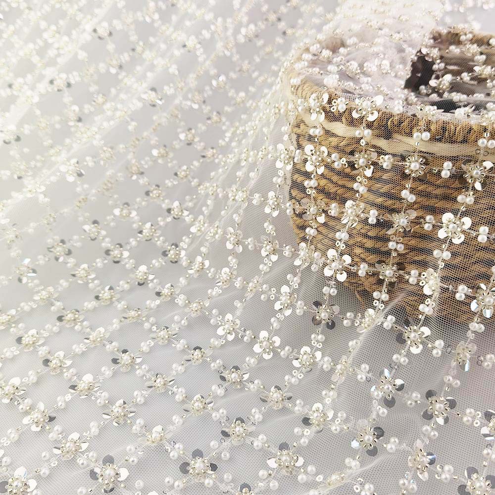 Full-Width Beaded Sheer Pure White Wedding Tulle Fabric