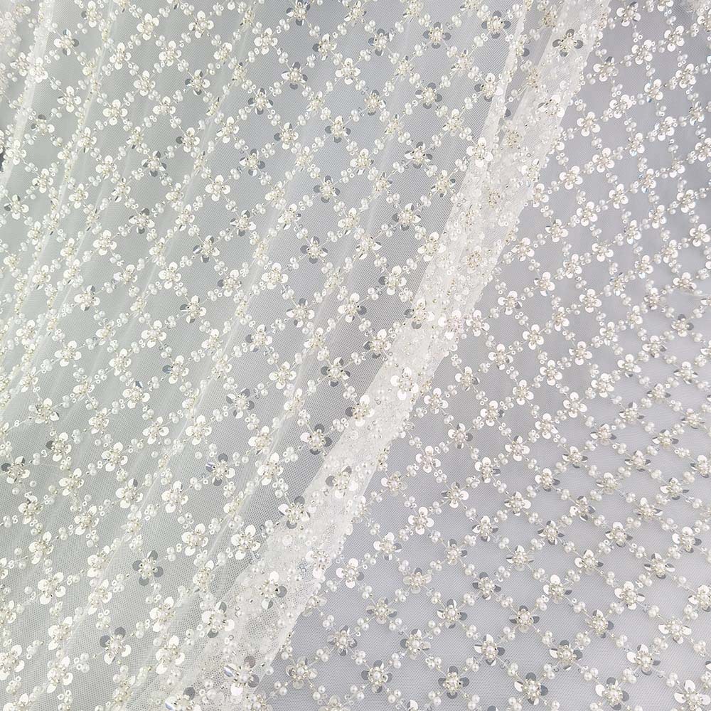 Full-Width Beaded Sheer Pure White Wedding Tulle Fabric