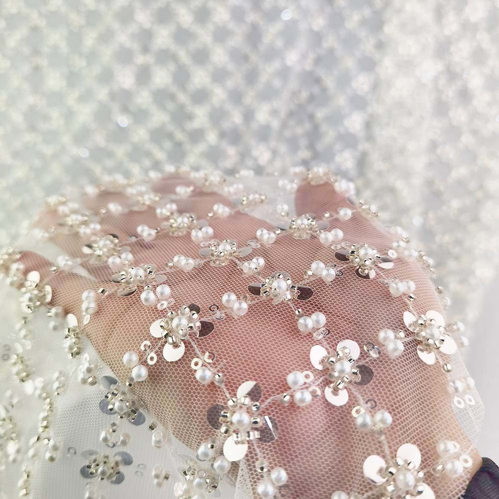 Full-Width Beaded Sheer Pure White Wedding Tulle Fabric
