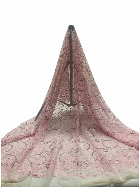 Pink lace sequined embroidered fabric for clothing, home textiles, wedding dresses, stage costumes, and headwear.