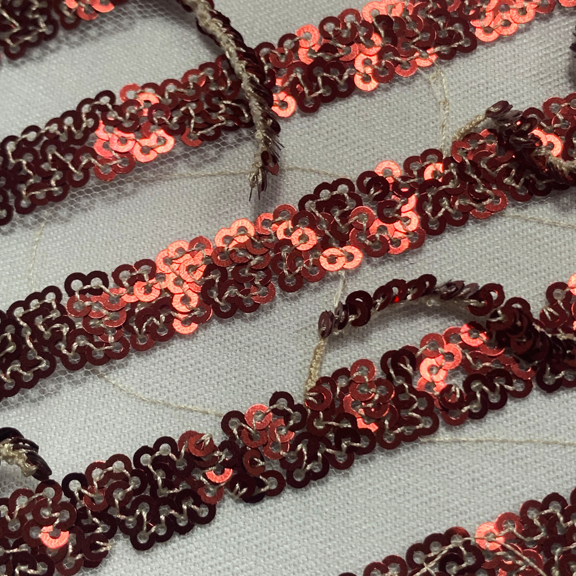 Red sequined embroidered mesh fabric