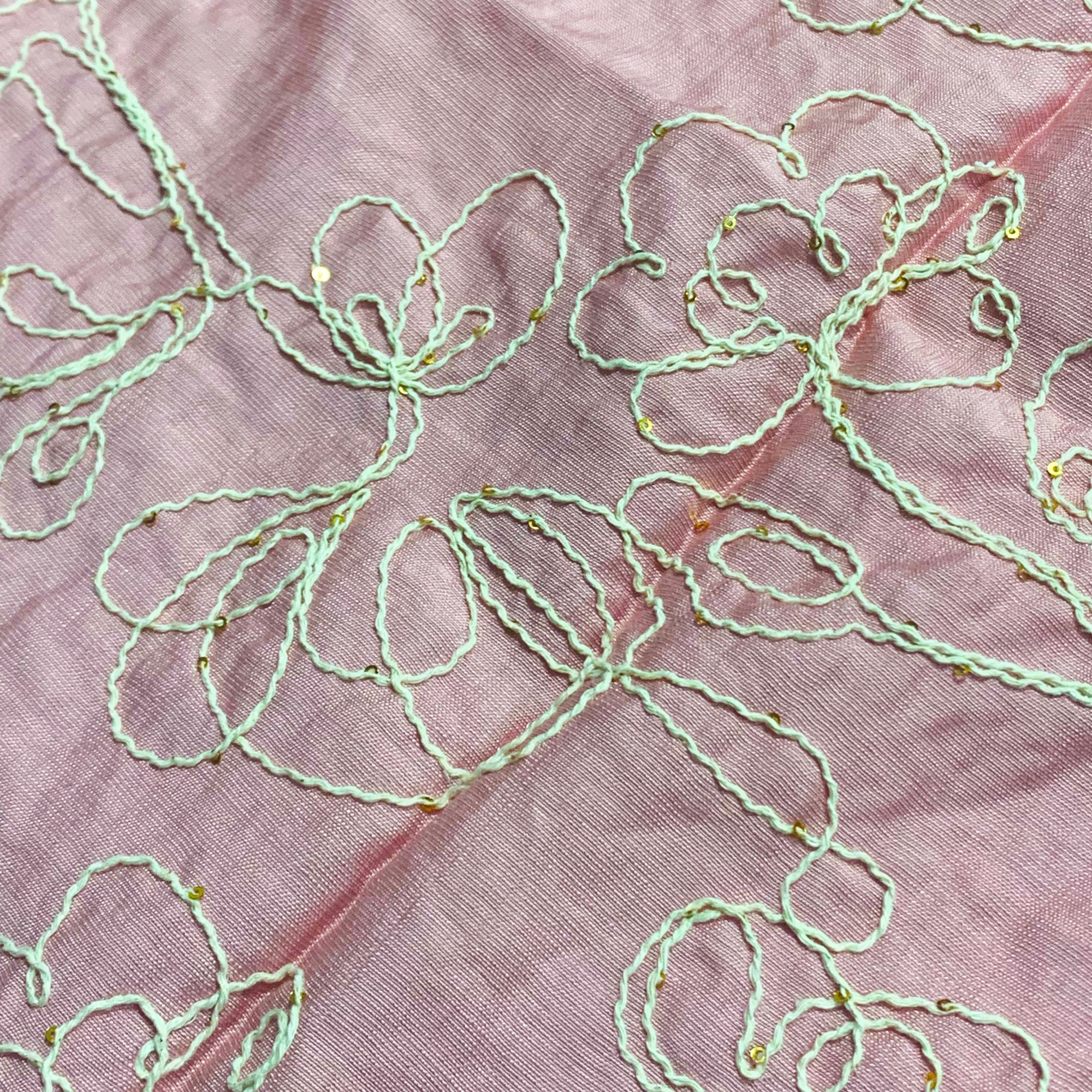 Pink cotton yarn ribbon floral embroidery fabric