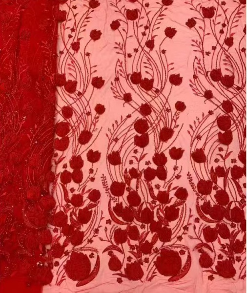 3D floral lace fabric with embroidery -- suitable for sweet lace dresses, wedding dresses, and evening gowns.