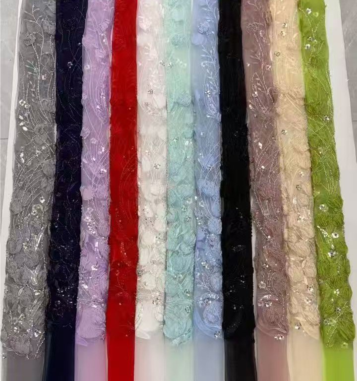 3D floral lace fabric with embroidery -- suitable for sweet lace dresses, wedding dresses, and evening gowns.