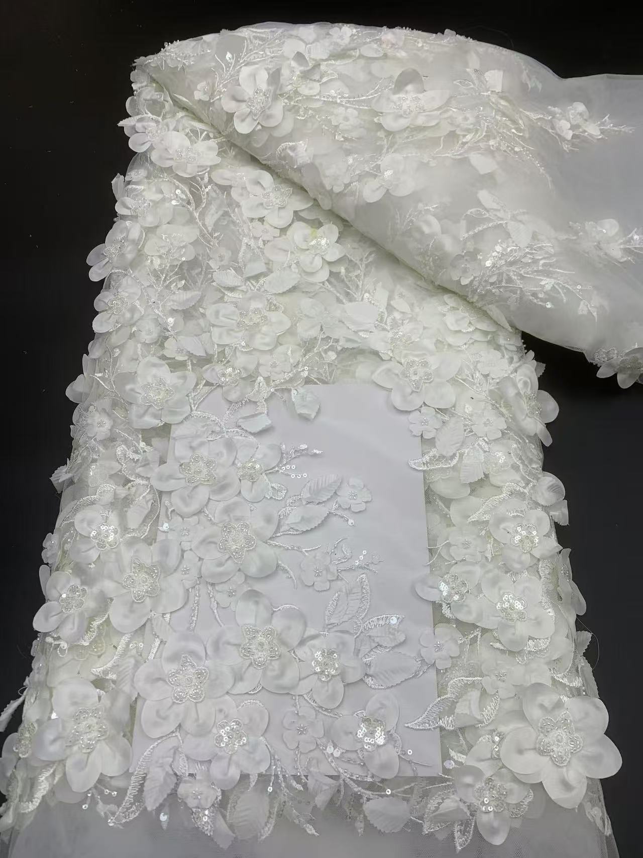 3D floral lace fabric with embroidery -- suitable for sweet lace dresses, wedding gowns, evening gowns, and stage costumes.