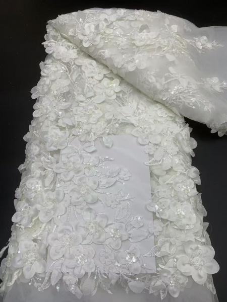3D floral lace fabric with embroidery -- suitable for sweet lace dresses, wedding gowns, evening gowns, and stage costumes.