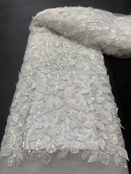3D floral lace fabric with embroidery -- suitable for sweet lace dresses, wedding dresses, and evening gowns.
