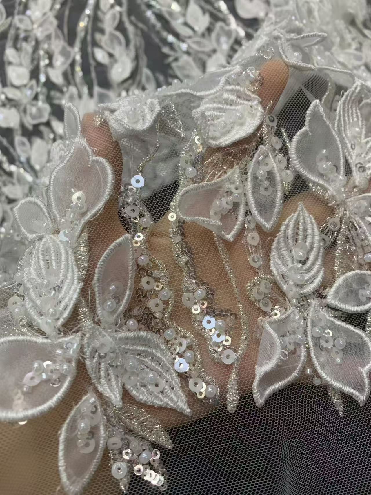 3D floral lace fabric with embroidery -- suitable for sweet lace dresses, wedding dresses, and evening gowns.